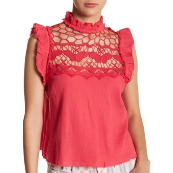 Free People Hot Pink Crochet Gauzy Peasant Mesh Ruffle Blouse Top - Picture 3 of 7